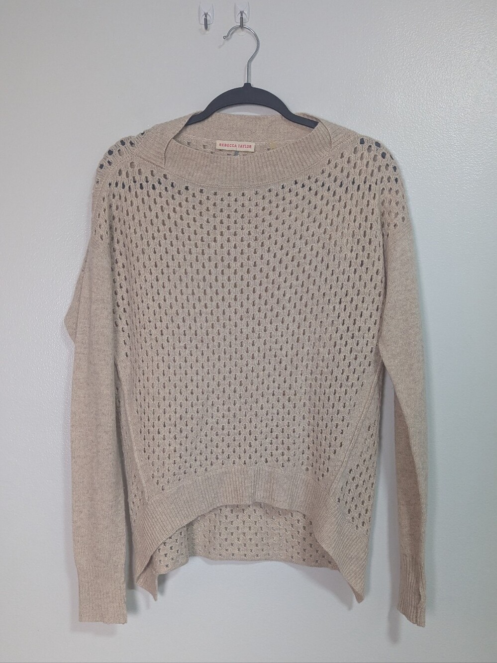Rebecca Taylor Medium Beige Fine Lambswool Cashmere Open Pointelle Knit Sweater